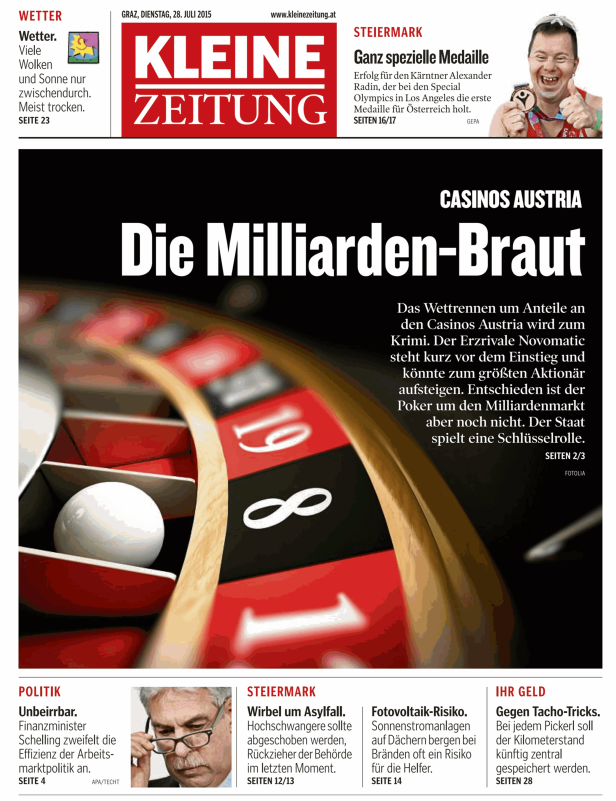 Ein Roulette-Rad mit der Zahl 8 und dem Titel „Die Milliarden-Braut“ der Kleinen Zeitung.
