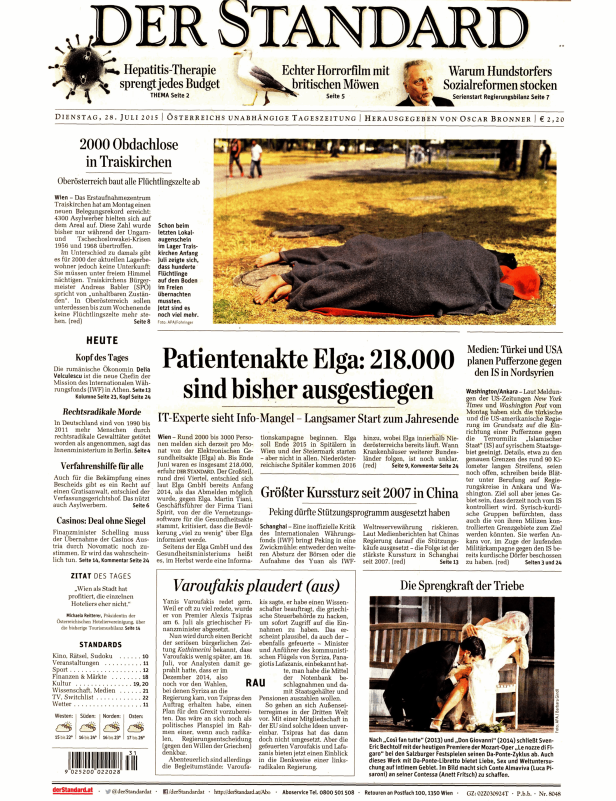 Titelseite der Zeitung „Der Standard“ vom 28. Juli 2015.