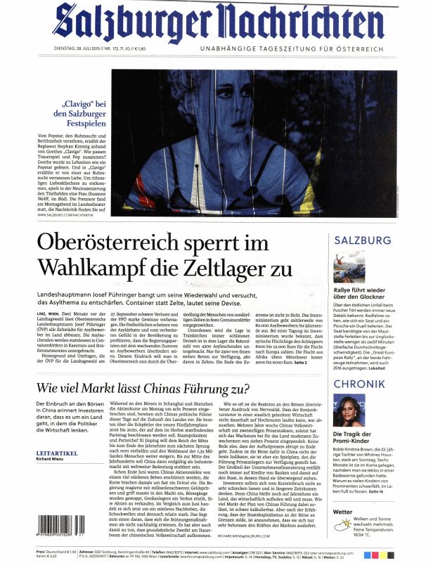 Titelseite der Salzburger Nachrichten vom 28. Juli 2015.