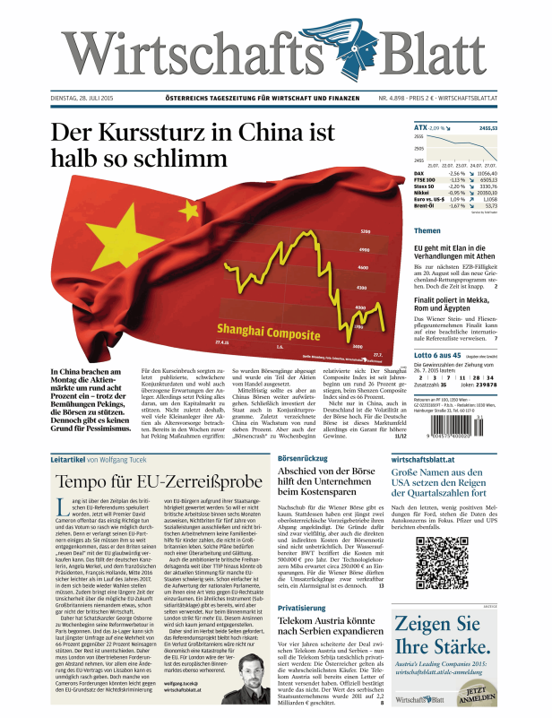 Titelseite des „Wirtschaftsblatt“ vom 28. Juli 2015 mit dem Titel „Der Kurssturz in China ist halb so schlimm“.