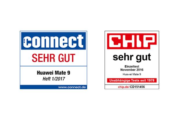 Logos von Connect und Chip mit der Bewertung „sehr gut“ für das Huawei Mate 9.