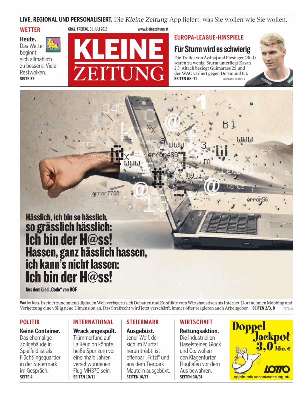 Ein Laptop-Bildschirm zeigt digitale Symbole und den Text „Hässlich, ich bin so hässlich“.