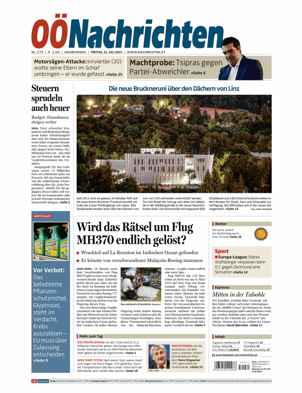 Titelseite der OÖNachrichten vom 31. Juli 2015.