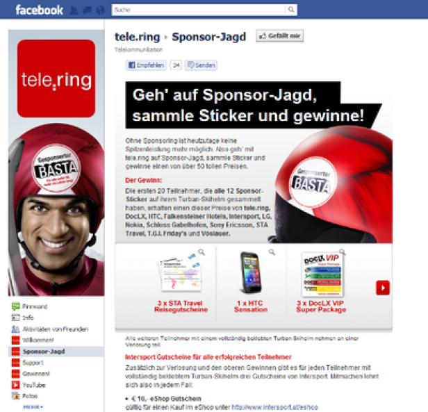 Ein Facebook-Post von Tele.ring mit einer Werbeaktion namens „Sponsor-Jagd“.