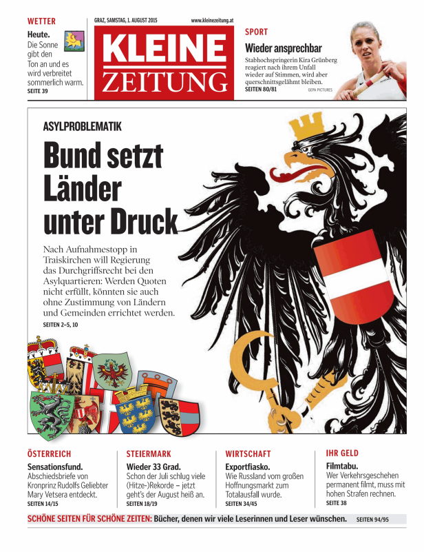 Titelseite der Kleinen Zeitung vom 1. August 2015 mit Artikeln zu Asylpolitik und Sport.