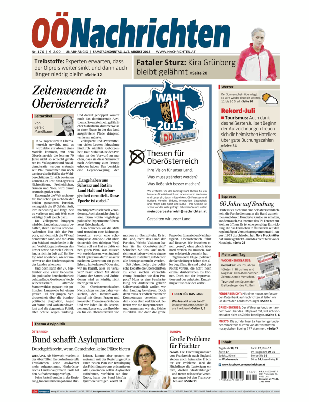Titelseite der „OÖNachrichten“ vom 1./2. August 2015.