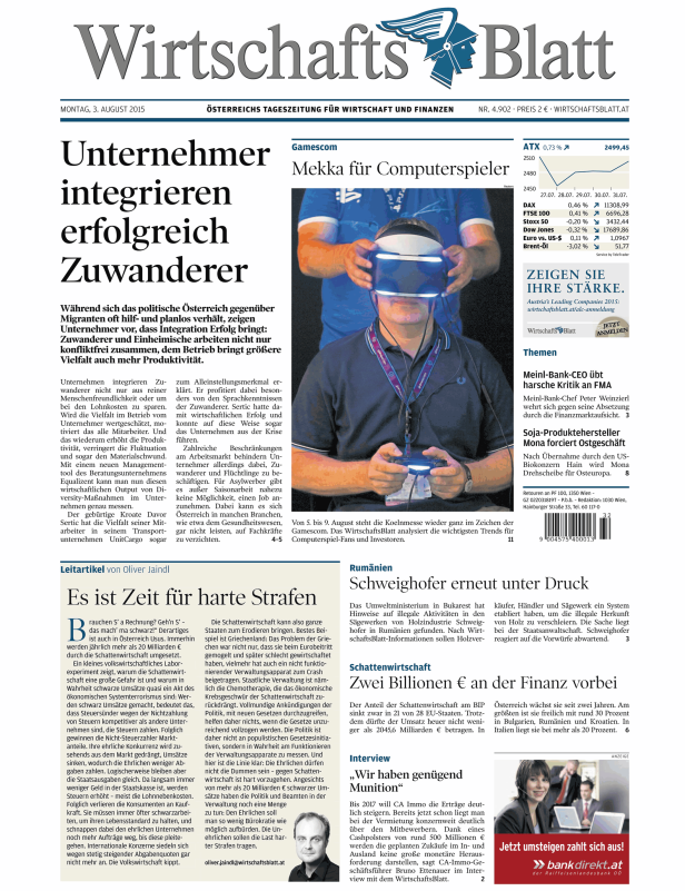 Titelseite des WirtschaftsBlatts vom 3. August 2015 mit Artikeln zu Wirtschaftsthemen.