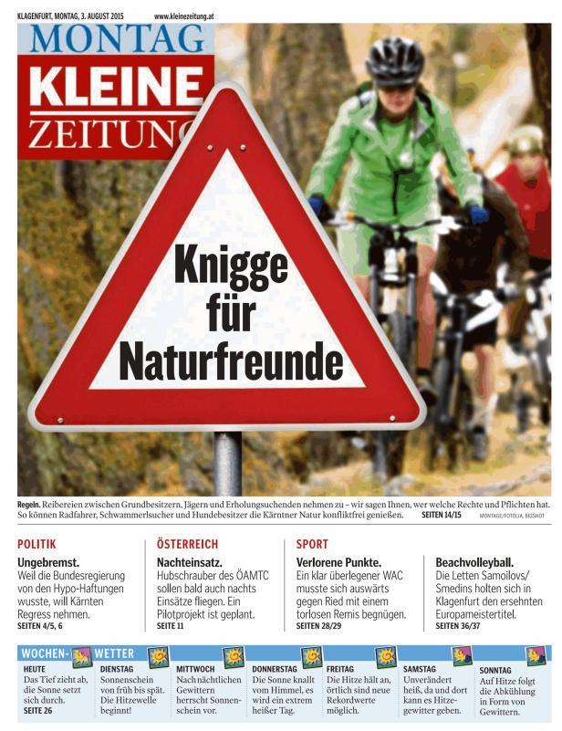 Ein Verkehrsschild der „Kleinen Zeitung“ wirbt für einen Knigge für Naturfreunde.