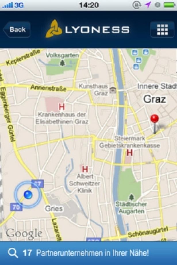 Eine Kartenansicht der Stadt Graz in einer App von Lyoness mit Markierungen für Partnerunternehmen.
