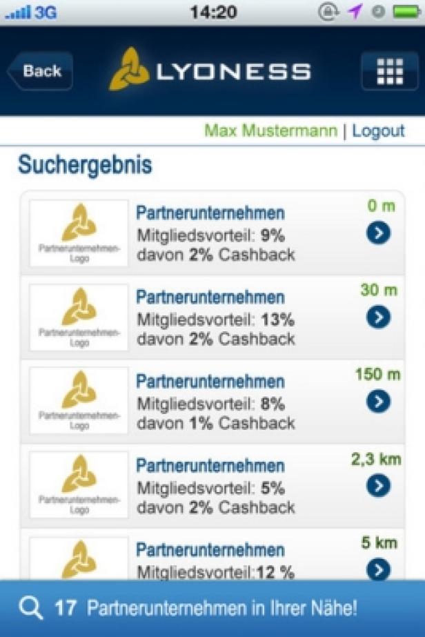 Ein Screenshot der Lyconet-App mit Suchergebnissen für Partnerunternehmen in der Nähe.