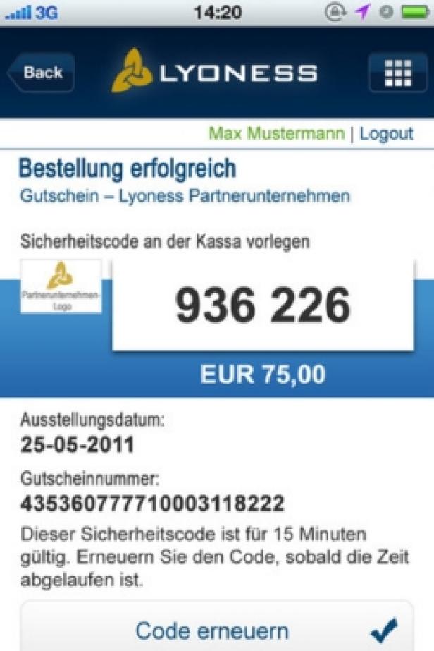 Ein Screenshot einer Lyoness-Gutschein-App mit einem Sicherheitscode und einem Wert von 75,00 EUR.