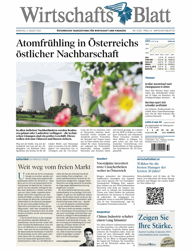 Titelseite des WirtschaftsBlatt vom 4. August 2015 mit einem Artikel über Atomkraft in Osteuropa.