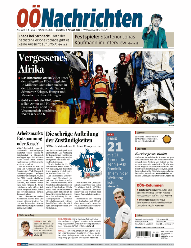 Titelseite der OÖNachrichten vom 4. August 2015 mit dem Titel „Vergessenes Afrika“.