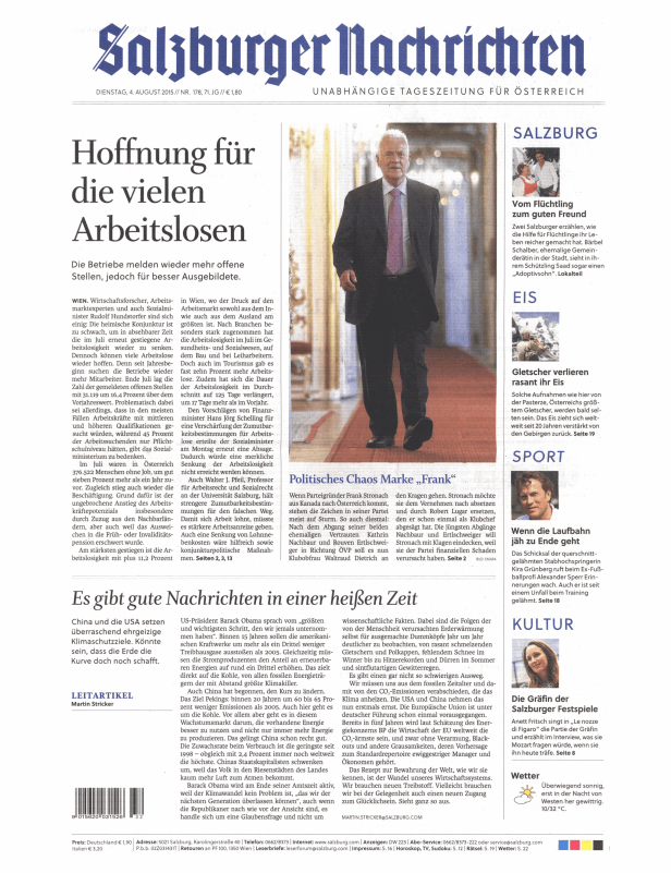 Titelseite der Salzburger Nachrichten vom 4. August 2015.