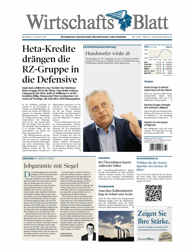 Titelseite des Wirtschaftsblatt vom 5. August 2015.