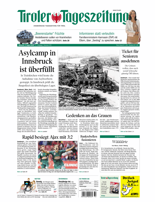 Titelseite der Tiroler Tageszeitung vom 5. August 2015 mit Artikeln zu verschiedenen Themen.