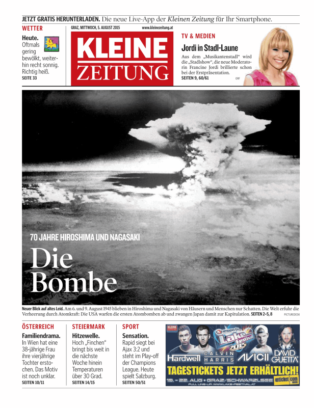 Ein Atompilz über Hiroshima oder Nagasaki, aufgenommen nach dem Abwurf der Atombombe.