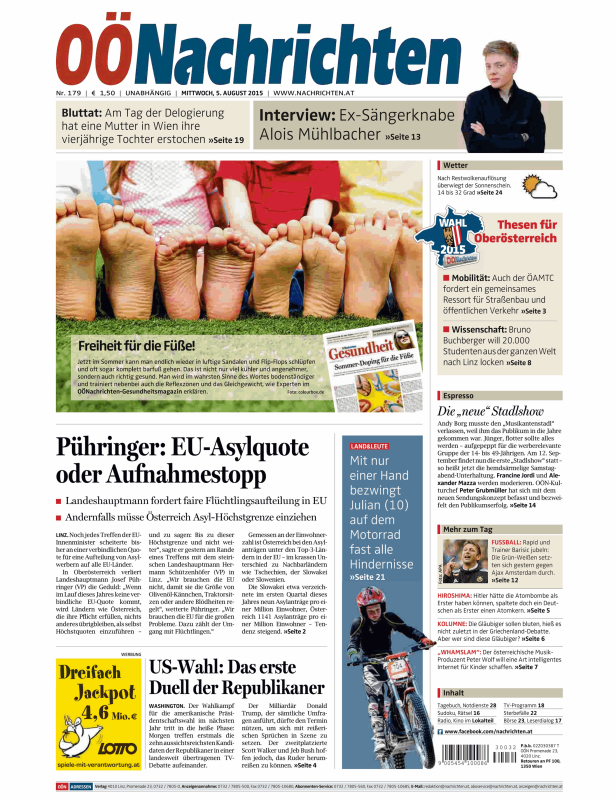 Titelseite der OÖNachrichten vom 5. August 2015 mit verschiedenen Artikeln.