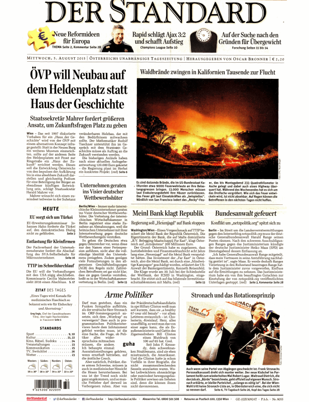 Titelseite der Zeitung „Der Standard“ vom 5. August 2015.