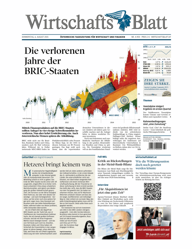Titelseite des Wirtschaftsblatt vom 6. August 2015 zum Thema BRIC-Staaten.