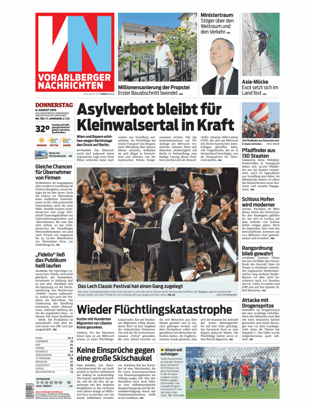 Eine Ausgabe der Vorarlberger Nachrichten mit verschiedenen Artikeln und Bildern.