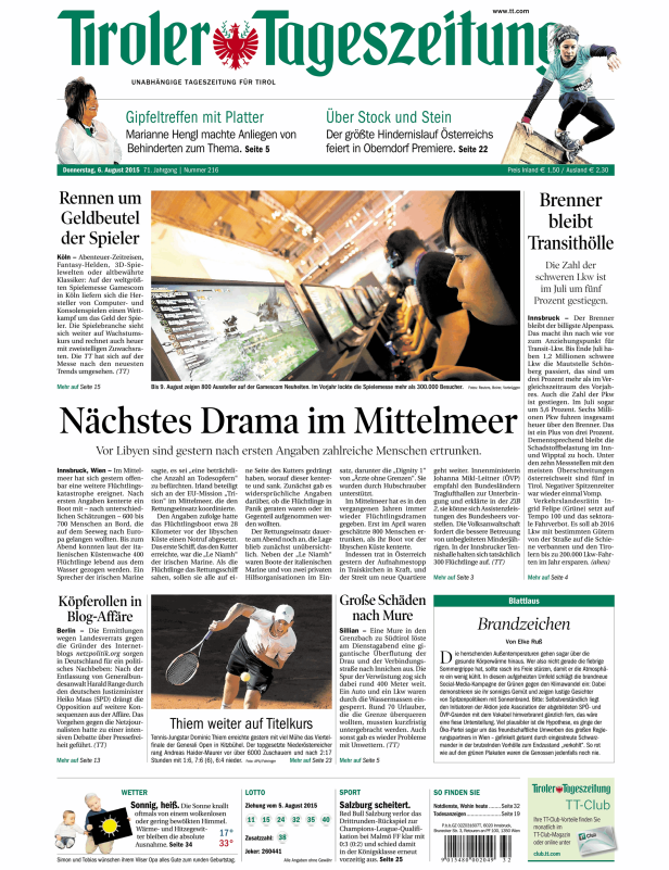 Titelseite der Tiroler Tageszeitung vom 6. August 2015.