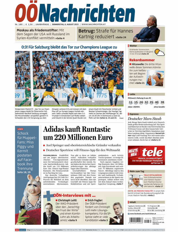 Titelseite der Oberösterreichischen Nachrichten vom 6. August 2015.