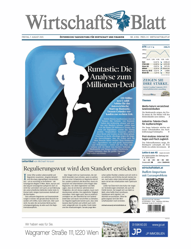 Titelseite des Wirtschaftsblatt vom 7. August 2015 mit dem Titel „Runtastic: Die Analyse zum Millionen-Deal“.