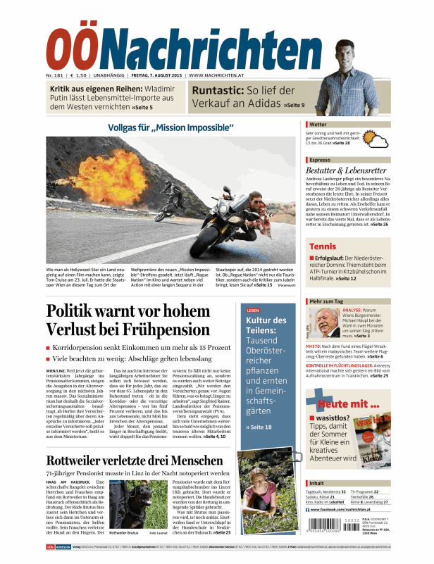 Titelseite der OÖNachrichten vom 7. August 2015 mit Artikeln zu Politik, Wirtschaft und Kultur.