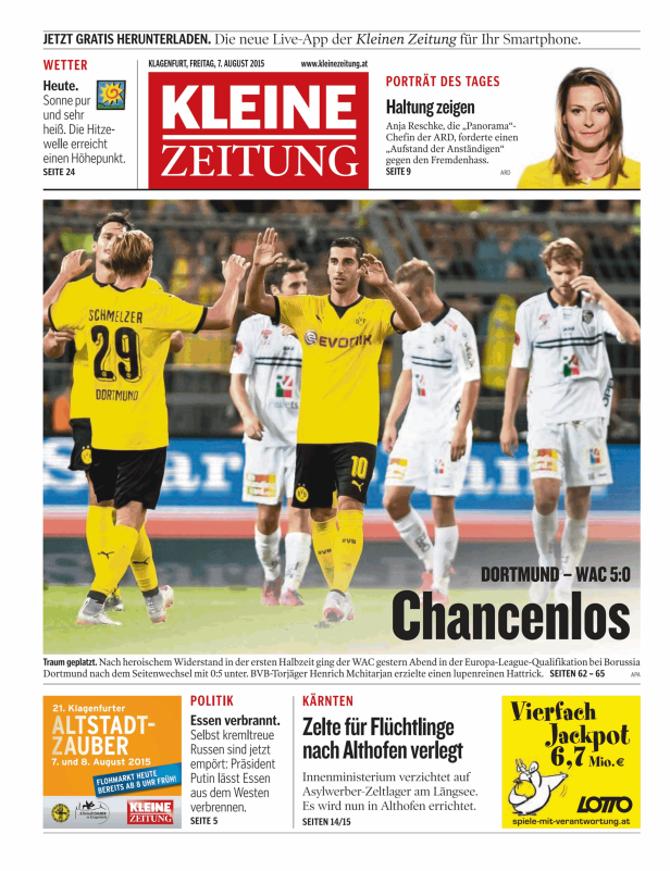 Titelseite der Kleinen Zeitung vom 7. August 2015 mit einem Foto von Fußballspielern von Borussia Dortmund.
