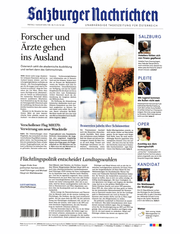 Titelseite der Salzburger Nachrichten vom 7. August 2015.