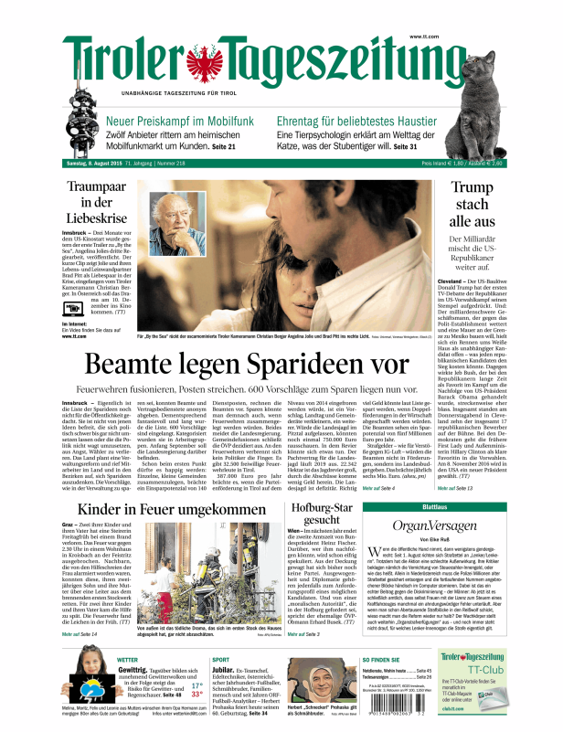 Titelseite der Tiroler Tageszeitung vom 8. August 2015.