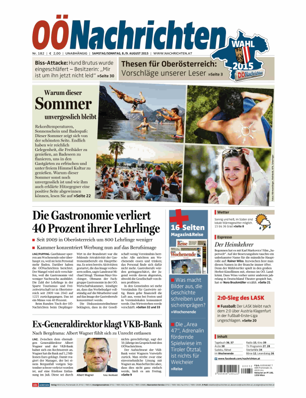 Titelseite der OÖ Nachrichten vom 8./9. August 2015 mit Artikeln über Sommer, Gastronomie und einen Rechtsstreit.