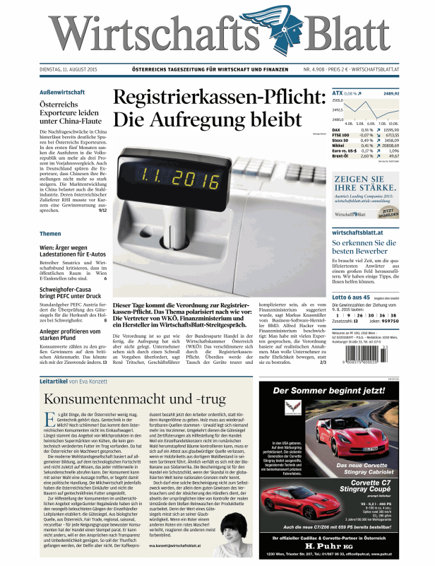 Titelseite des Wirtschaftsblatt vom 11. August 2015 mit dem Titel „Registrierkassen-Pflicht: Die Aufregung bleibt.“