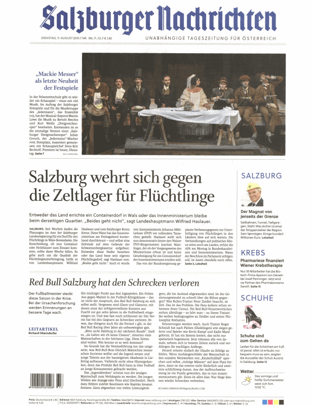 Eine Aufführung von „Mackie Messer“ bei den Salzburger Festspielen, wie auf der Titelseite der Zeitung abgebildet.