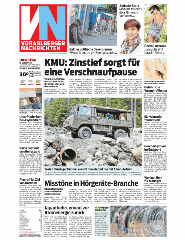Eine Zeitungsausgabe der Vorarlberger Nachrichten vom 11. August 2015.