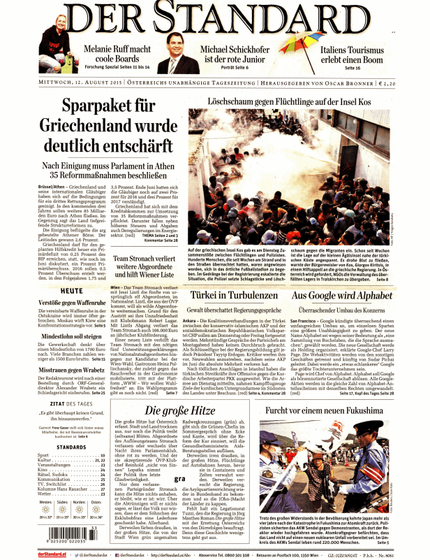 Titelseite der Zeitung Der Standard vom 12. August 2015.