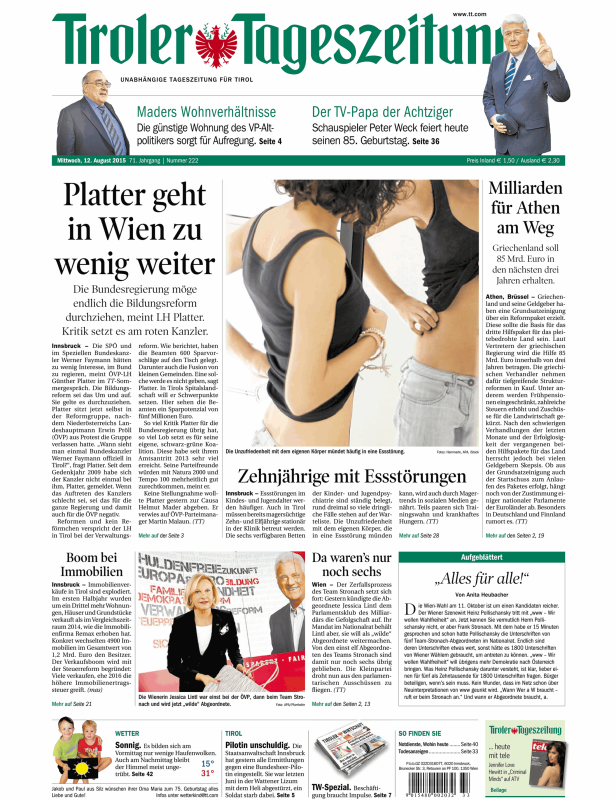 Titelseite der Tiroler Tageszeitung vom 12. August 2015.