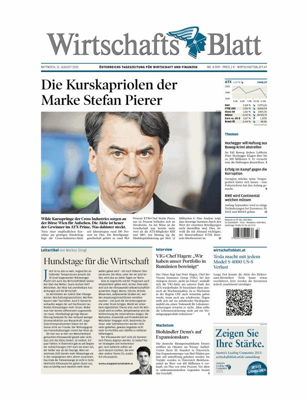 Titelseite des WirtschaftsBlatt vom 12. August 2015 mit einem Porträt von Stefan Pierer.
