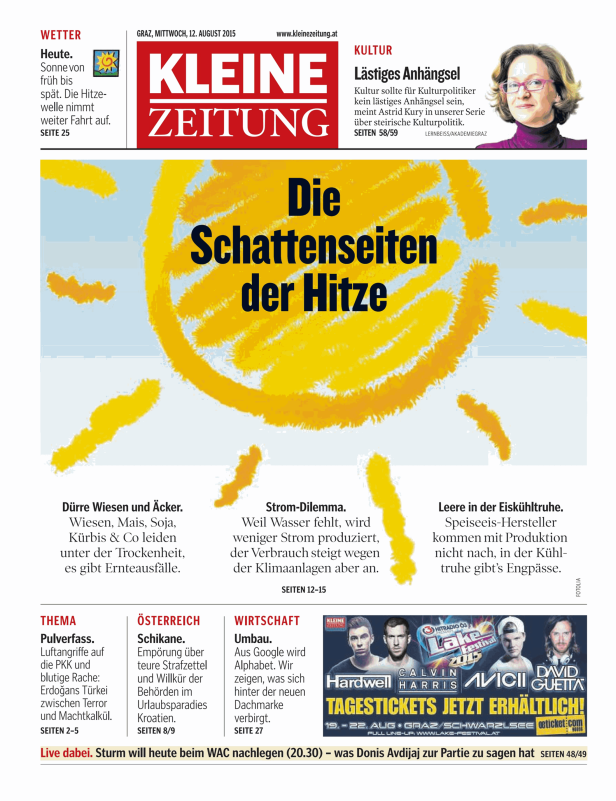 Titelseite der Kleinen Zeitung vom 12. August 2015 mit dem Titel „Die Schattenseiten der Hitze“.