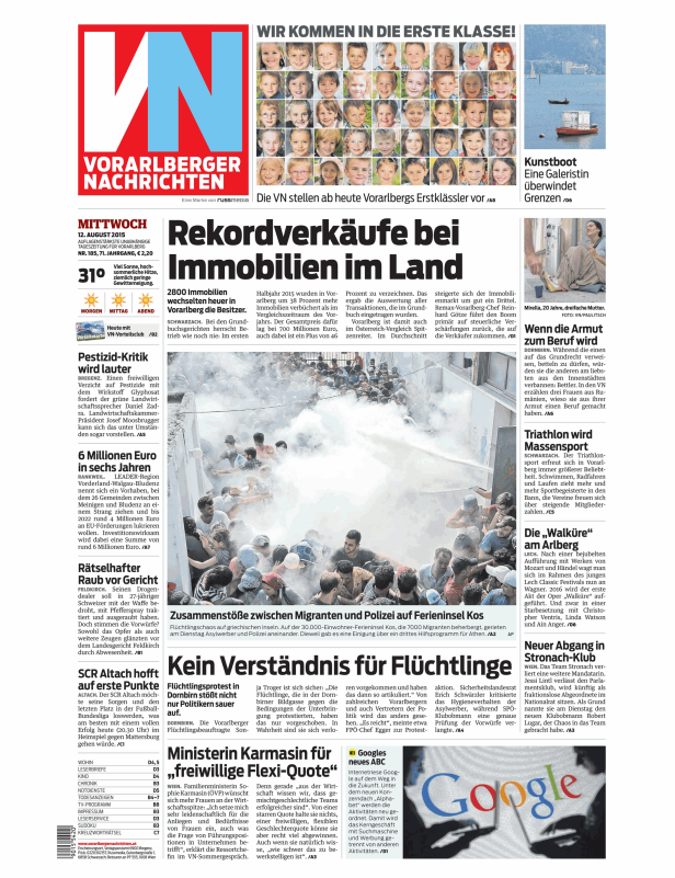 Titelseite der Vorarlberger Nachrichten mit Schlagzeilen zu Immobilien, Flüchtlingen und Politik.