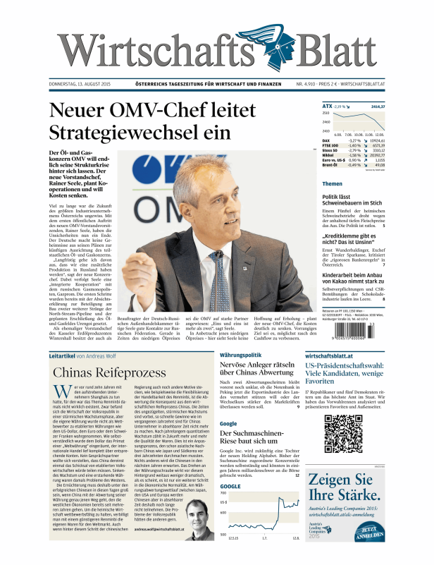 Titelseite des Wirtschaftsblatt vom 13. August 2015 mit dem Titel „Neuer OMV-Chef leitet Strategiewechsel ein.“