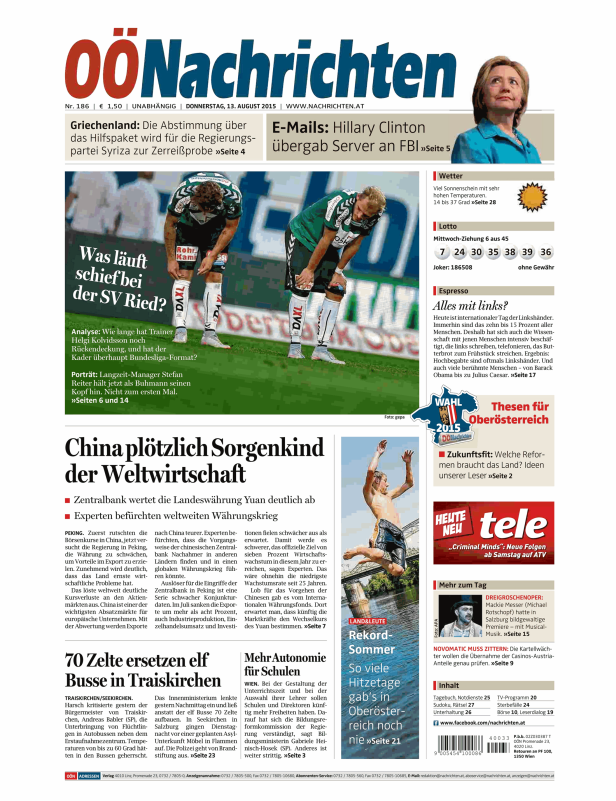 Titelseite der OÖNachrichten vom 13. August 2015 mit verschiedenen Artikeln.