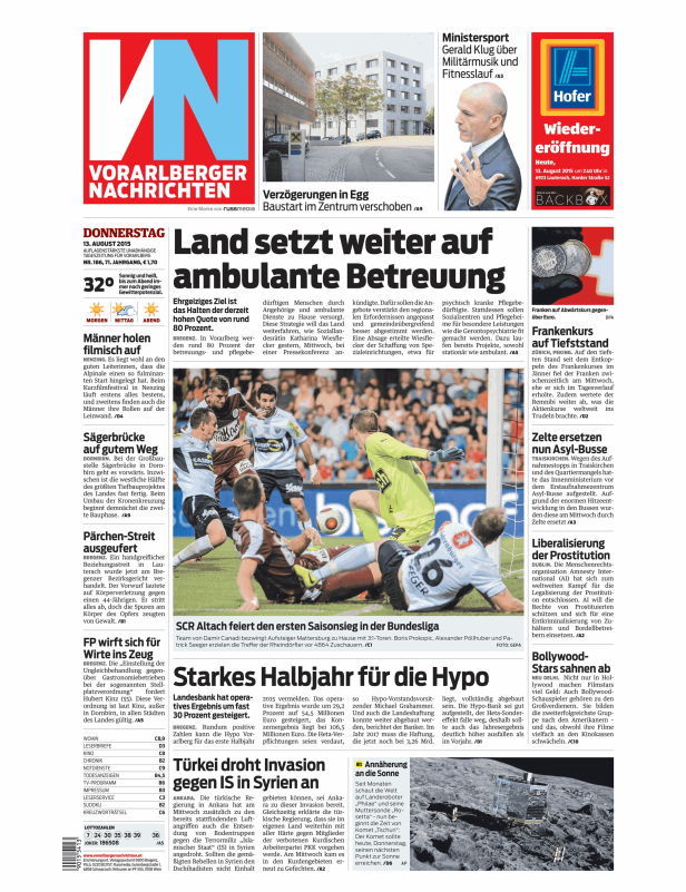 Eine Zeitungsseite der Vorarlberger Nachrichten mit verschiedenen Artikeln und Bildern.