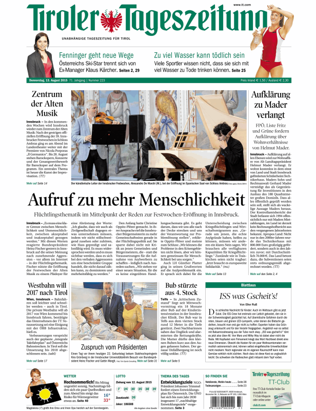 Titelseite der Tiroler Tageszeitung vom 13. August 2015.