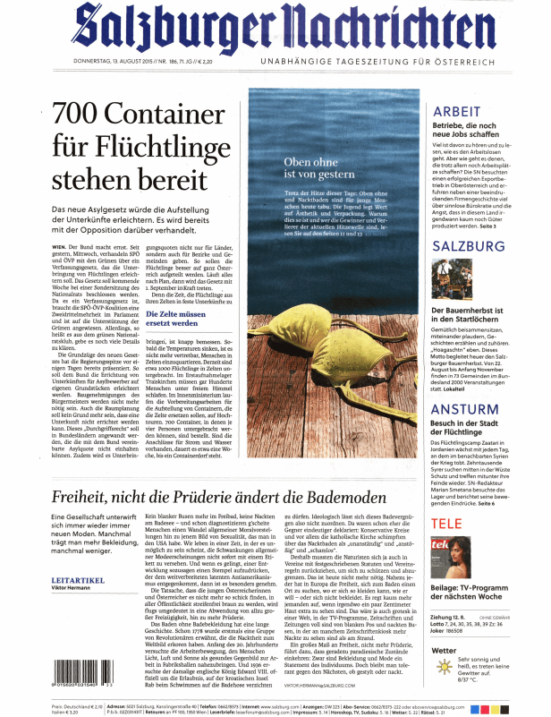 Titelseite der Salzburger Nachrichten vom 13. August 2015.