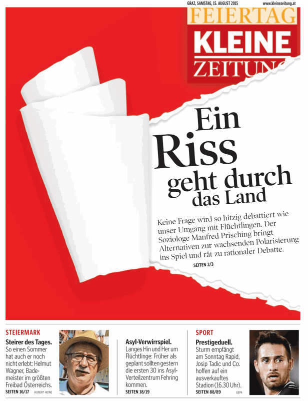 Titelseite der Kleinen Zeitung vom 15. August 2015 mit dem Titel „Ein Riss geht durch das Land“.