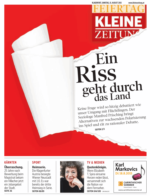 Titelseite der Kleinen Zeitung vom 15. August 2015 mit dem Titel „Ein Riss geht durch das Land“.