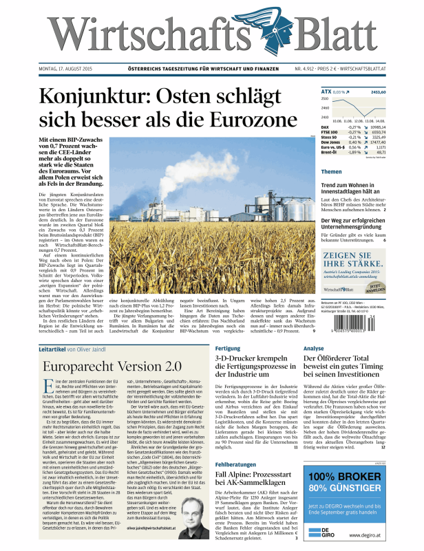 Titelseite des WirtschaftsBlatt vom 17. August 2015.