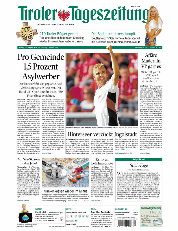 Titelseite der Tiroler Tageszeitung vom 17. August 2015.